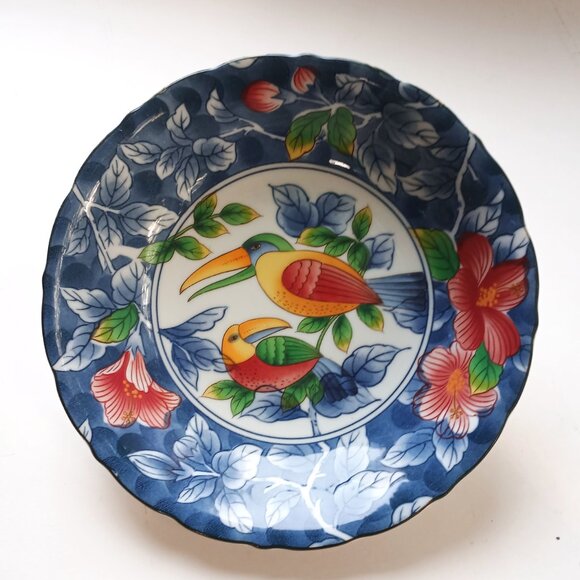 Japan Toucans Hibiscus Decorative Bowl 8" Tropical Birds VTG Andrea by Sadek - Picture 8 of 9